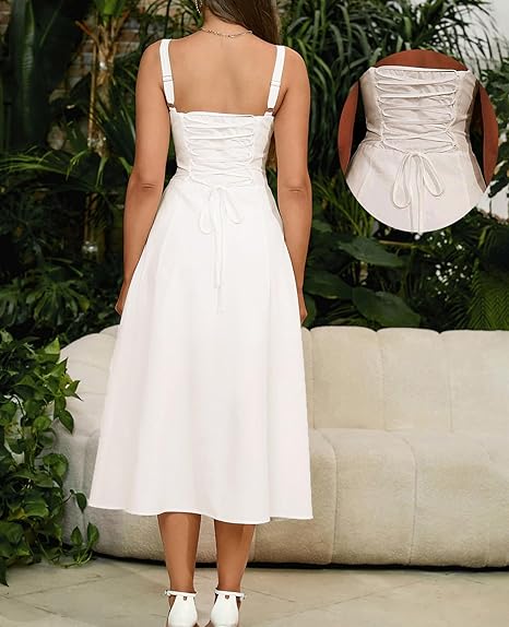 Boho Midi Corset Dress for Women Floral Lace Up Slit A-Line Sundress